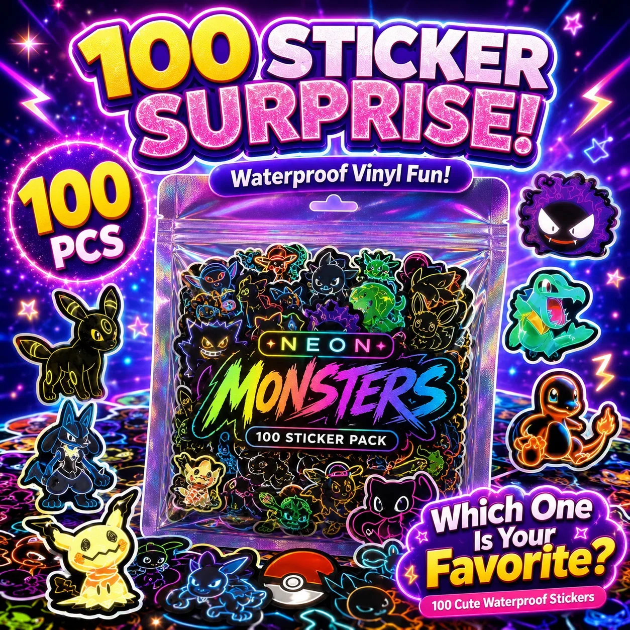 Wall Sticker - 100 buah stiker Pokémon neon, tahan